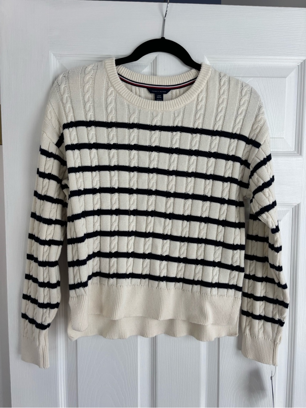 Tommy Hilfiger Cream and Black Striped Cable-Knit Crewneck Sweater